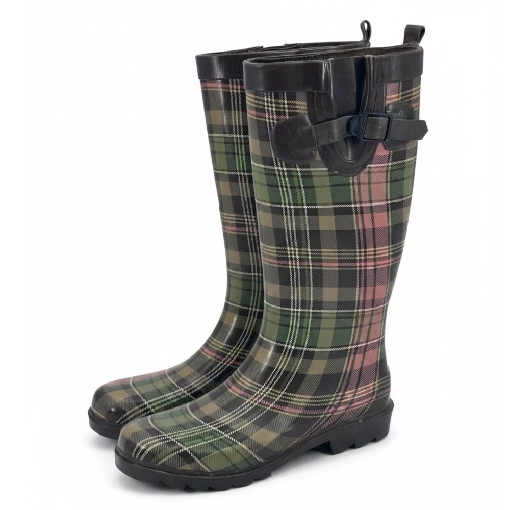 Capelli New York Tartan Plaid Rain Boots Womens Size 6 Green Pink Knee High Lug